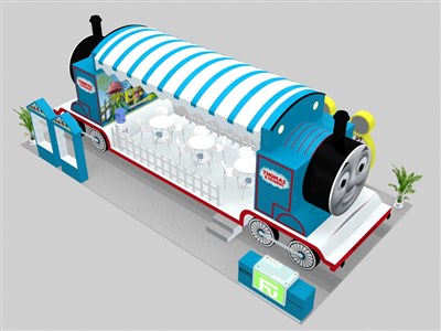 72平米展臺(tái)設(shè)計(jì)制作：四面開口/卡通/木質(zhì)結(jié)構(gòu)/藍(lán)色，為玩具展展商而作（免費(fèi)使用）