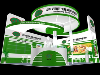 48平米展臺設(shè)計制作：二面開口/現(xiàn)代/木質(zhì)結(jié)構(gòu)/綠色，為食品展展商而作（免費使用）