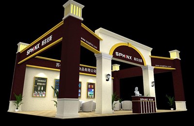 70平米展臺(tái)設(shè)計(jì)制作：三面開(kāi)口/歐式/木質(zhì)結(jié)構(gòu)/米色，為食品展展商而作（免費(fèi)使用）