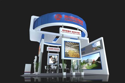 36平米展臺(tái)設(shè)計(jì)制作：三面開口/現(xiàn)代/木質(zhì)結(jié)構(gòu)/藍(lán)色，為食品展展商而作（免費(fèi)使用）