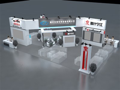 216平米展臺設(shè)計(jì)制作：四面開口/現(xiàn)代/木質(zhì)結(jié)構(gòu)/白色，為機(jī)械展展商而作（免費(fèi)使用）