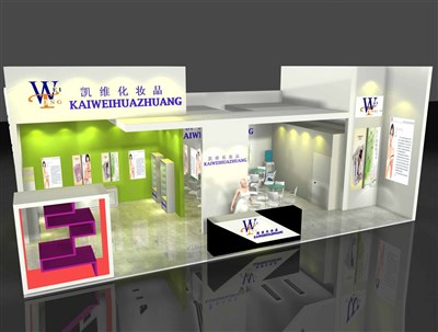 72平米展臺設(shè)計制作：二面開口/現(xiàn)代/木質(zhì)結(jié)構(gòu)/彩色，為美博會展商而作（免費使用）
