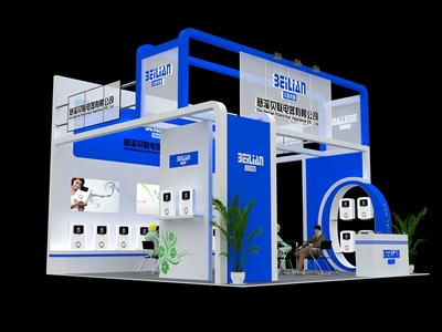 36平米展臺設(shè)計制作：三面開口/現(xiàn)代/木質(zhì)結(jié)構(gòu)/藍(lán)色，為家電展展商而作（免費使用）