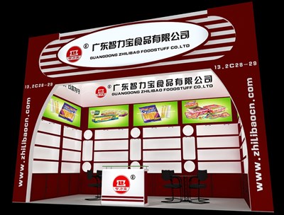 18平米展臺設(shè)計(jì)制作：一面開口/現(xiàn)代/木質(zhì)結(jié)構(gòu)/紅色，為食品展展商而作（免費(fèi)使用）