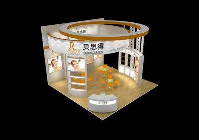 36平米展臺設計制作：四面開口/現(xiàn)代/木質結構/白色，為美博會展商而作（免費使用）
