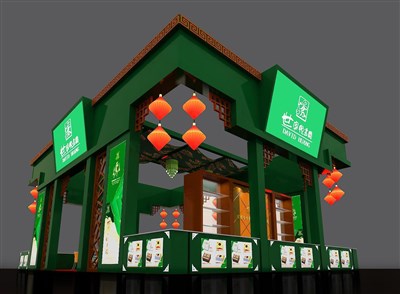 108平米展臺設(shè)計制作：四面開口/中式/木質(zhì)結(jié)構(gòu)/綠色，為食品展展商而作（免費使用）