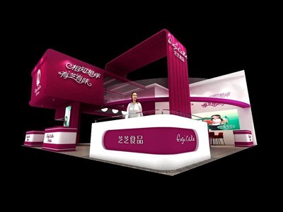 144平米展臺設(shè)計制作：三面開口/現(xiàn)代/木質(zhì)結(jié)構(gòu)/粉色，為食品展展商而作（免費使用）
