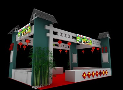 54平米展臺(tái)設(shè)計(jì)制作：二面開口/田園/木質(zhì)結(jié)構(gòu)/綠色，為食品展展商而作（免費(fèi)使用）