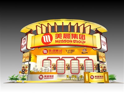 60平米展臺設(shè)計制作：三面開口/現(xiàn)代/木質(zhì)結(jié)構(gòu)/黃色，為食品展展商而作（免費使用）