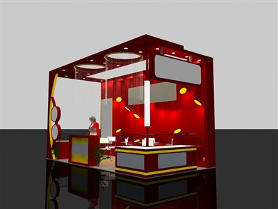18平米展臺設計制作：三面開口/現(xiàn)代/木質結構/紅色，為食品展展商而作（免費使用）