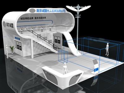 108平米展臺設(shè)計制作：三面開口/現(xiàn)代/雙層結(jié)構(gòu)/白色，為汽配展展商而作（免費使用）