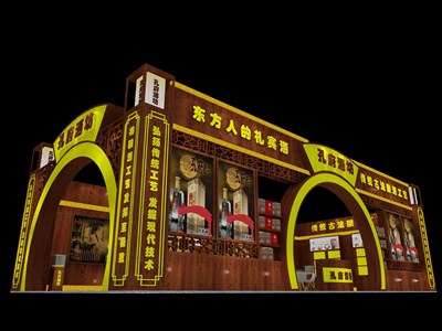 120平米展臺設(shè)計制作：二面開口/中式/木質(zhì)結(jié)構(gòu)/咖啡色，為糖酒展展商而作（免費使用）