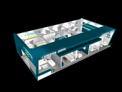 90平米展臺設(shè)計(jì)制作：二面開口/現(xiàn)代/型材結(jié)構(gòu)/藍(lán)色，為家具展展商而作（免費(fèi)使用）