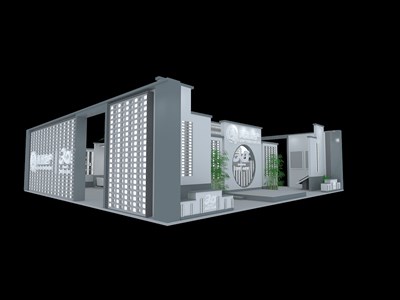 132平米展臺(tái)設(shè)計(jì)制作：三面開口/前衛(wèi)/型材結(jié)構(gòu)/灰色，為房產(chǎn)展展商而作（免費(fèi)使用）