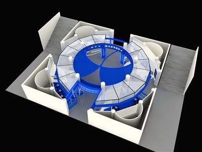 1024平米展臺設(shè)計(jì)制作：四面開口/現(xiàn)代/型材結(jié)構(gòu)/白色，為旅游展展商而作（免費(fèi)使用）