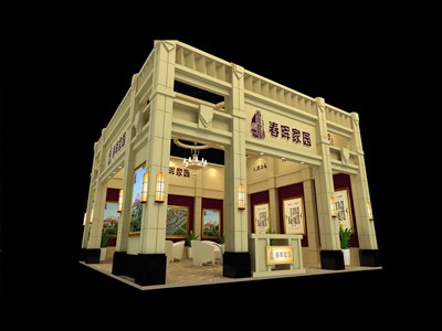 110平米展臺設(shè)計制作：二面開口/歐式/木質(zhì)結(jié)構(gòu)/米色，為房產(chǎn)展展商而作（免費(fèi)使用）