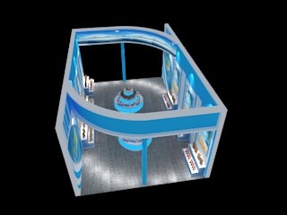 54平米展臺(tái)設(shè)計(jì)制作：二面開口/前衛(wèi)/木質(zhì)結(jié)構(gòu)/藍(lán)色，為旅游展展商而作（免費(fèi)使用）