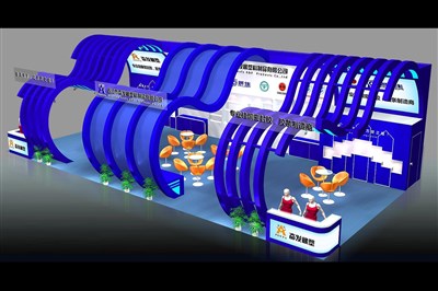 128平米展臺設(shè)計(jì)制作：三面開口/現(xiàn)代/木質(zhì)結(jié)構(gòu)/藍(lán)色，為建材展展商而作（免費(fèi)使用）