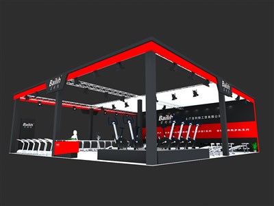 240平米展臺設(shè)計制作：三面開口/現(xiàn)代/桁架結(jié)構(gòu)/紅色，為電子展展商而作（免費(fèi)使用）