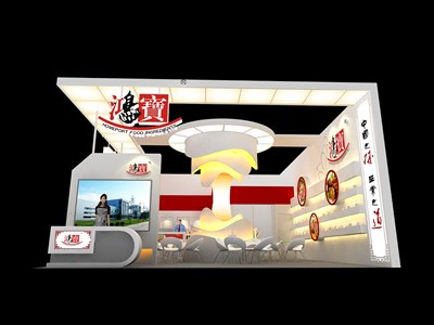 88平米展臺設(shè)計制作：二面開口/現(xiàn)代/木質(zhì)結(jié)構(gòu)/米色，為食品展展商而作（免費(fèi)使用）